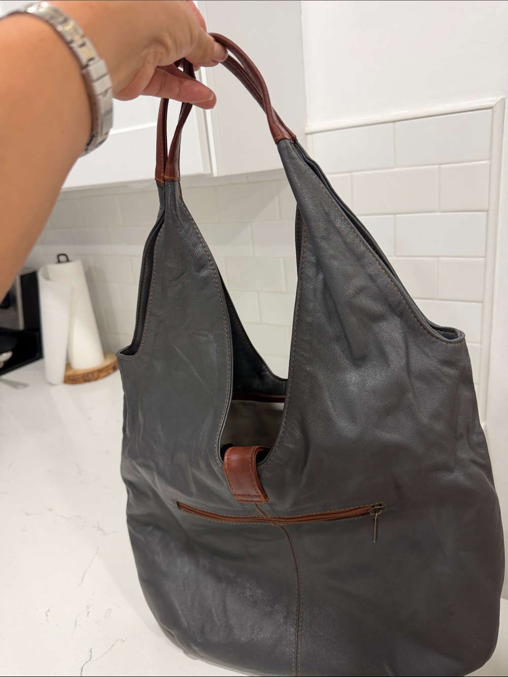 Dark Gray Leather Hobo Tote with Brown Accents